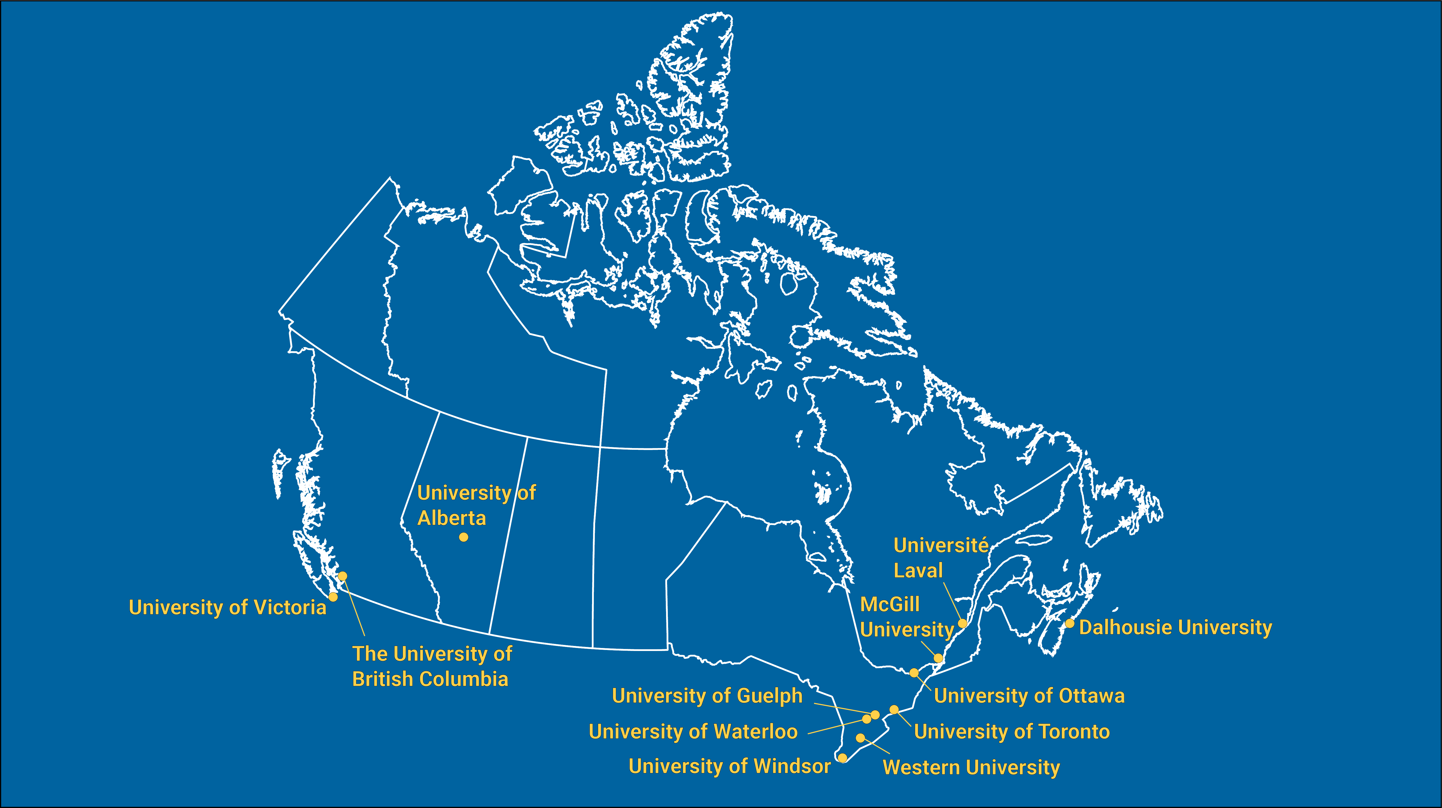 Map of Canada showing the location of the universities participating in HI-AM 2.0